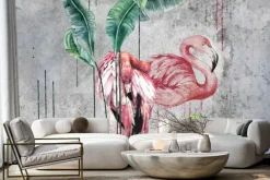 Fototapeta: Flamingi i tropikalne liście w stylu akwareli