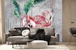 Fototapeta: Flamingi i tropikalne liście w stylu akwareli