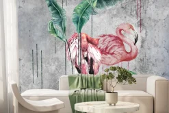 Fototapeta: Flamingi i tropikalne liście w stylu akwareli