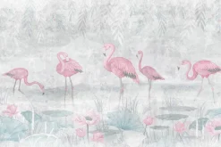 Fototapeta: Flamingi na wodzie w stylu akwareli z roślinami