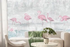 Fototapeta: Flamingi na wodzie w stylu akwareli z roślinami