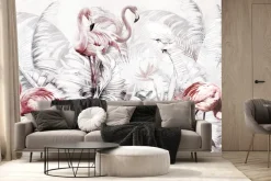 Fototapeta: Flamingi wśród tropikalnych roślin na białym tle