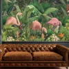 Fototapeta: Flamingi z tropikalnymi liśćmi i kwiatami