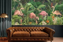 Fototapeta: Flamingi z tropikalnymi liśćmi i kwiatami