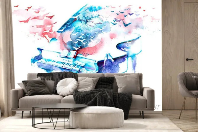 Fototapeta: Fortepian i abstrakcyjne nuty akwarelowe