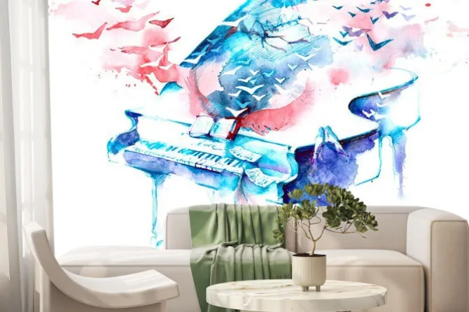 Fototapeta: Fortepian i abstrakcyjne nuty akwarelowe