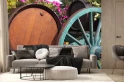 Fototapeta: Francuskie wina beczki wieś winnica wino i koszyk.