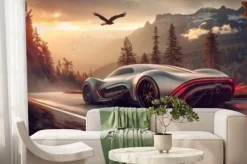 Fototapeta: Futurystyczny srebrny samochód sportowy jadący górską drogą o