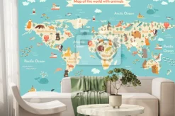 Fototapeta: Gatunki zwierząt na rysunkowej mapie świata