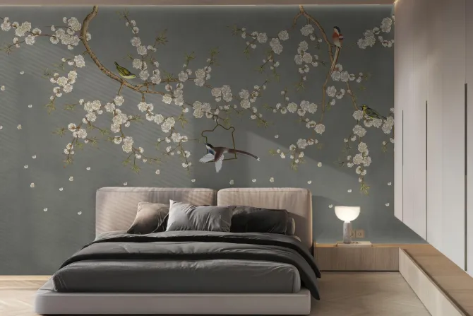 Fototapeta: Gałęzie kwiatu wiśni z ptakami