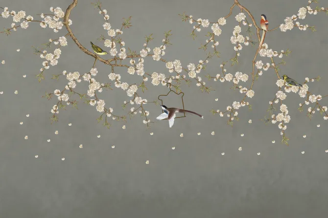 Fototapeta: Gałęzie kwiatu wiśni z ptakami