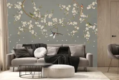 Fototapeta: Gałęzie kwiatu wiśni z ptakami