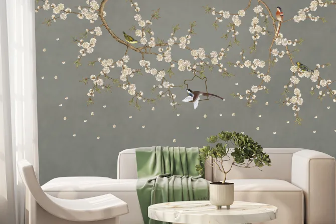 Fototapeta: Gałęzie kwiatu wiśni z ptakami