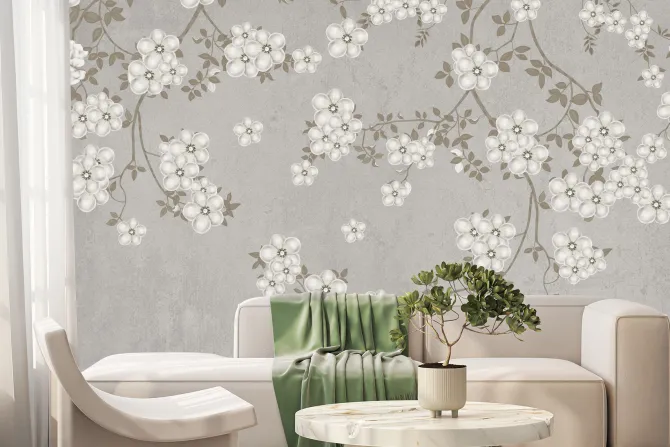 Fototapeta: Gałęzie z białymi kwiatami na betonie