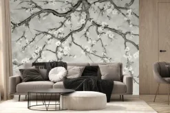 Fototapeta: Gałęzie z kwiatami wiśni w szarych kolorach