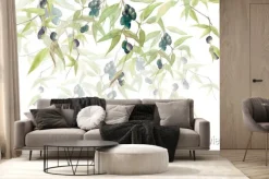 Fototapeta: Gałązki oliwne z czarnymi oliwkami na białym tle