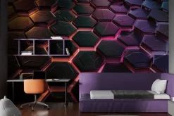 Fototapeta: Geometryczny wzór z czarnymi heksagonami i neonowym światłem