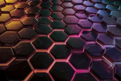 Fototapeta: Geometryczny wzór z czarnymi heksagonami i neonowym światłem