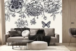 Fototapeta: Girlanda luksusowych kwitnących piwonii motyli i ptaków