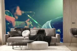 Fototapeta: Gitarzysta na scenie z mikrofonem na tle, miękki i rozmycia pojęcia