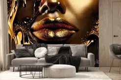 Fototapeta: Gold paint smudges drip from the woman face