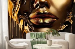 Fototapeta: Gold paint smudges drip from the woman face