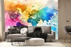 Fototapeta: Graficzna mapa świata w jasnych kolorach z kontynentami wyróżnionymi