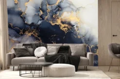 Fototapeta: Granatowo-biały marmur ze złotawymi zdobieniami