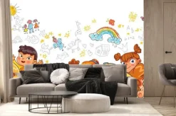 Fototapeta: Group children look and wave their hands at the camera against