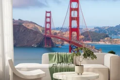 Fototapeta: Górski krajobraz z czerwonym mostem