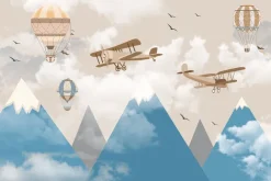 Fototapeta: Górski pejzaż z lecącymi balonami i samolotami