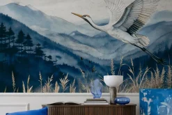 Fototapeta: Górski pejzaż z ptakiem w stylu akwareli
