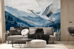 Fototapeta: Górski pejzaż z ptakiem w stylu akwareli