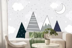 Fototapeta: Góry nocą z księżycem i gwiazdami styl skandynawski