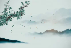 Fototapeta: Góry we mgle i kwiat wiśni