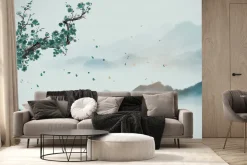 Fototapeta: Góry we mgle i kwiat wiśni