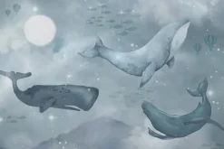 Fototapeta: Gwieździste niebo z wielorybami bajkowy wzór dziecięcy w stylu