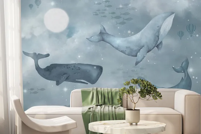 Fototapeta: Gwieździste niebo z wielorybami bajkowy wzór dziecięcy w stylu