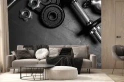 Fototapeta: Gym equipment on black background, flat lay. space for text