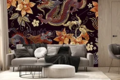 Fototapeta: Hafty smoki i kwiaty wzór. klasyczny haft azjatycki smok i piękne