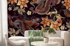 Fototapeta: Hafty smoki i kwiaty wzór. klasyczny haft azjatycki smok i piękne