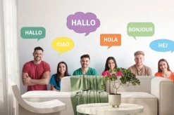 Fototapeta: Happy people posing near light wall and illustration of speech