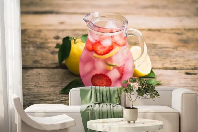 Fototapeta: Homemade świeże różowa lemoniada z cytryny, limonki i truskawki