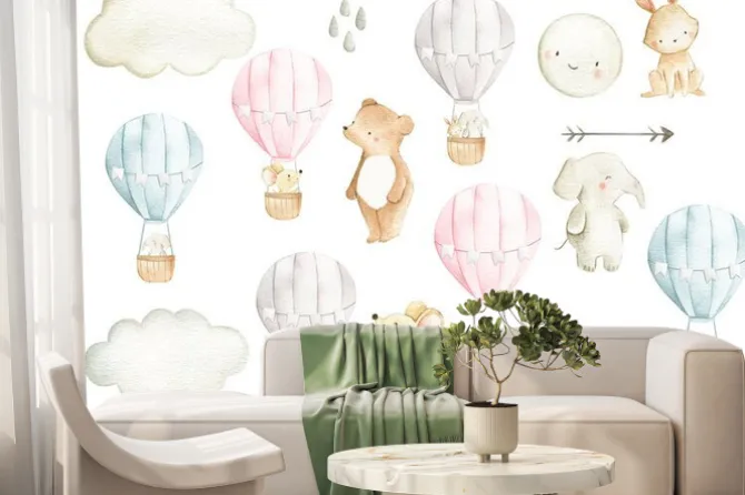 Fototapeta: Hot air balloon watercolor woodland animals set illustration