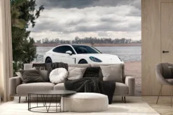 Fototapeta: Hybrydowy porsche panamera 4 w białym kolorze na tle rzeki