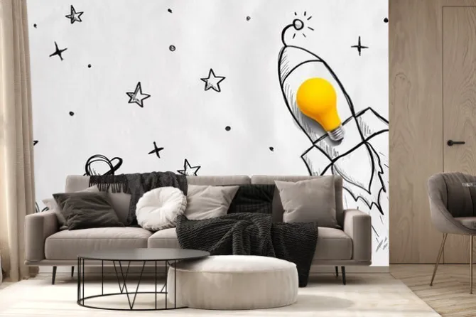 Fototapeta: Idea light bulb rocket flying to the sky - flat lay