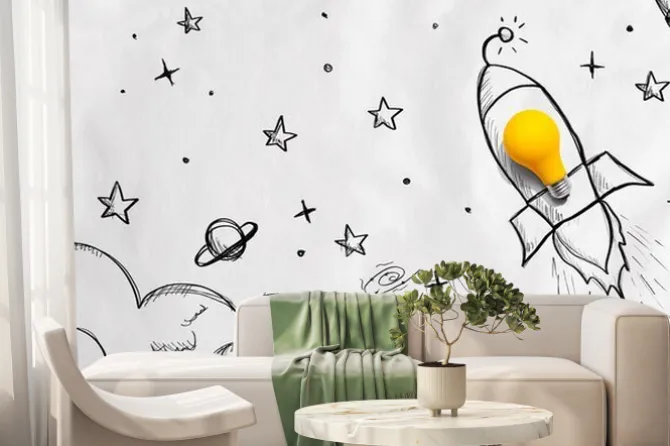 Fototapeta: Idea light bulb rocket flying to the sky - flat lay