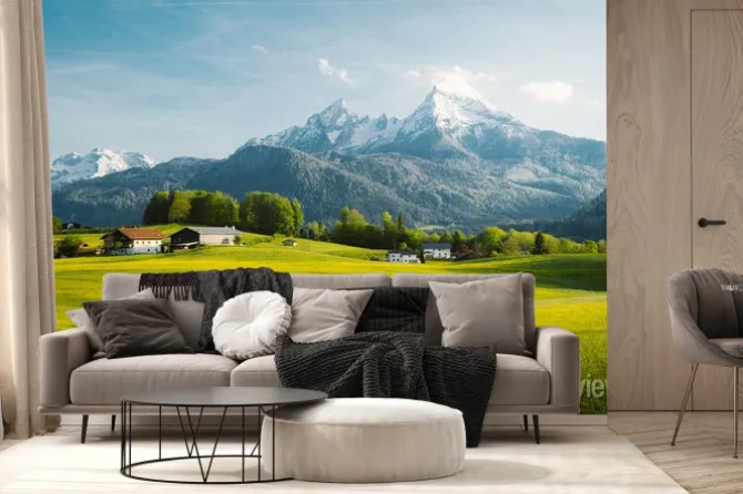 Fototapeta: Idyllic landscape in the alps with blooming meadows in springtime