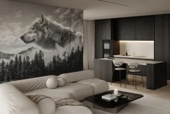 Fototapeta: Iglasty las z imitacją wilka w chmurach