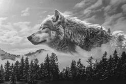 Fototapeta: Iglasty las z imitacją wilka w chmurach